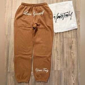 Yours Truly x Phora Brown Love Yourself Joggers M New w/ Bag